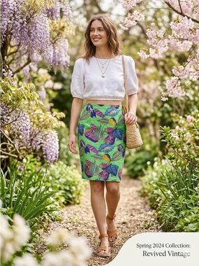 VINTAGE 90s España Seashell Print Pencil Skirt – Vibrant Lime Green – Size L